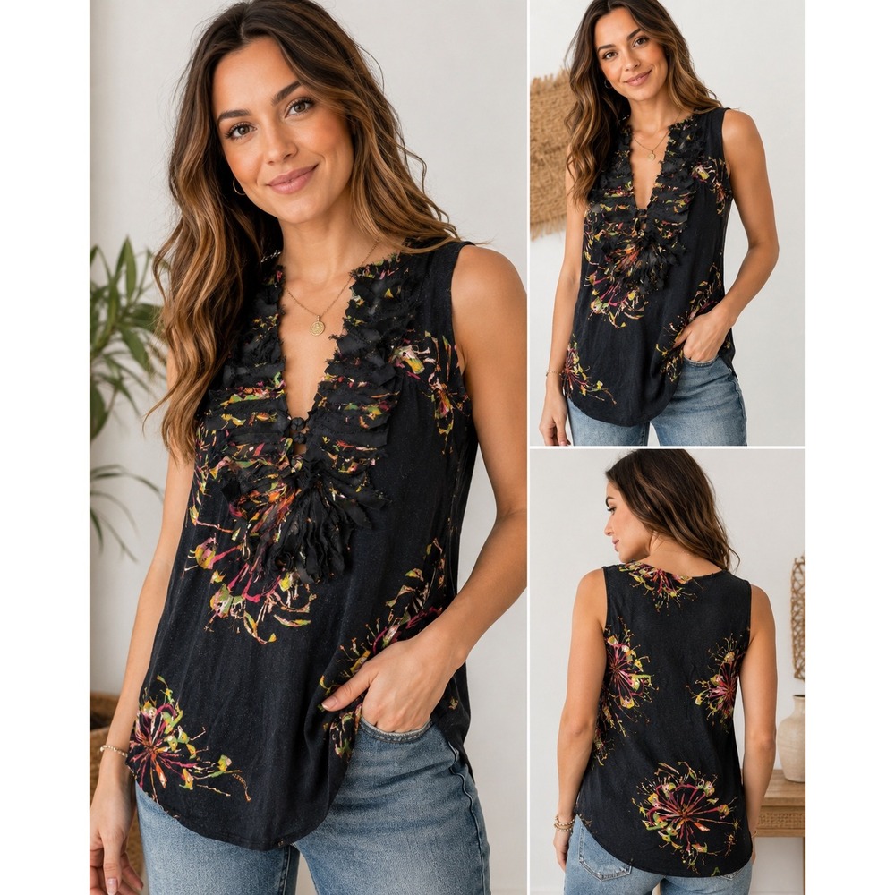 One September Anthropologie Sleeveless Top Womens M Black Floral Silk Ruffle